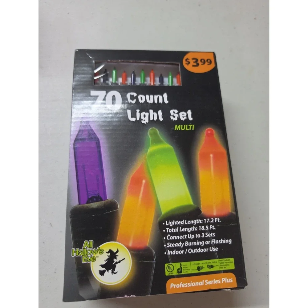 Vtg All Hallow's Eve 70 Count Multi String Lights, Halloween Theme, Black Wire